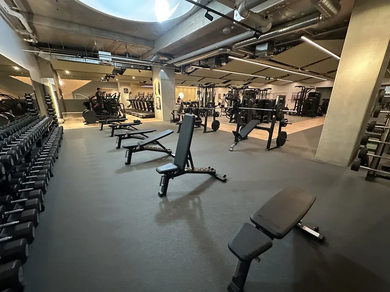 Free weight floor carrying racks, benches and loaded bars
