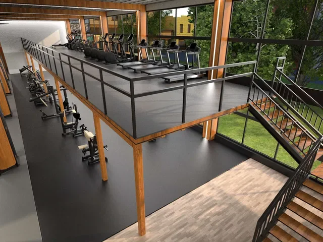 Design visualisation of a mezzanine cardio deck over a free weight floor