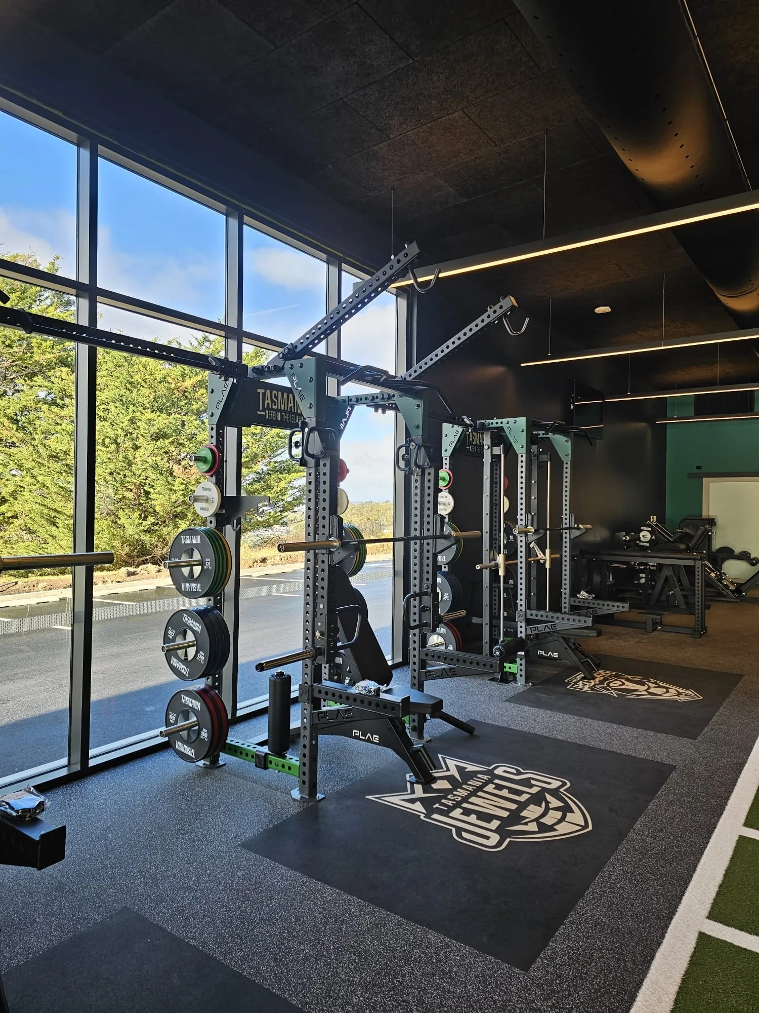 Rack and rig installed over a rubber floor beside full height windows