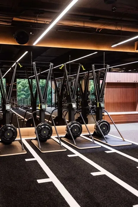 Ski ergs lined up on a turf sprint track with lane markings